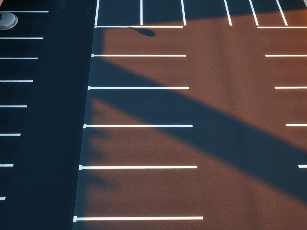 Freshly striped commercial parking lot at golden hour