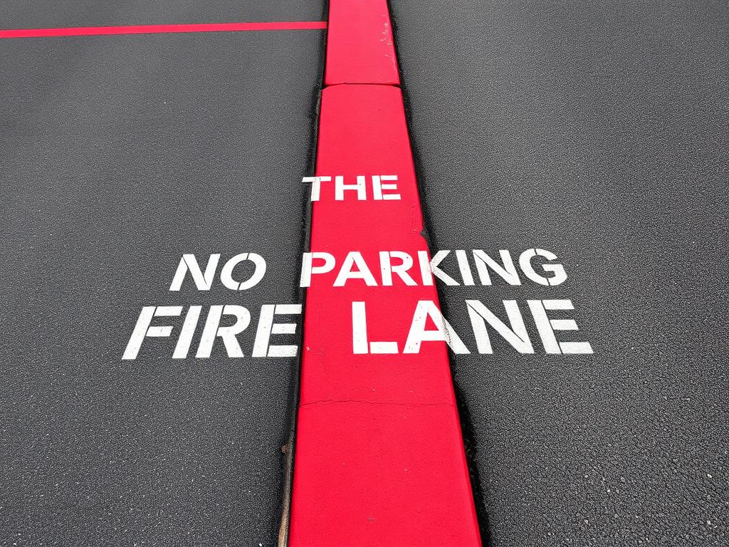 Red fire lane striping with No Parking Fire Lane stencil