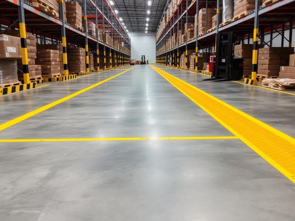 Warehouse floor with bright yellow safety line markings