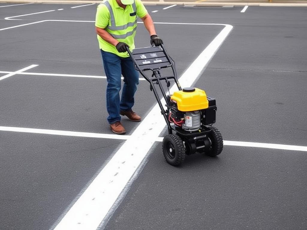 Striping crew worker painting fresh white lines on parking lot